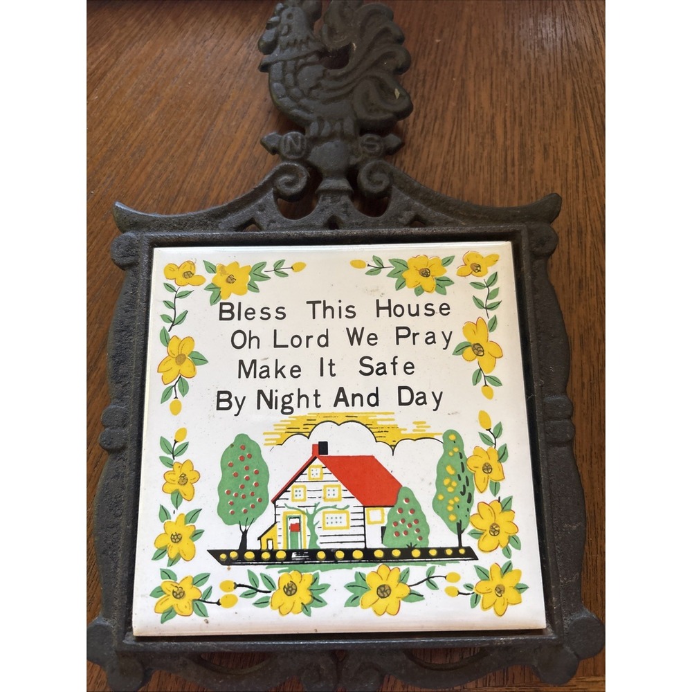 Vintage Cast Iron & Ceramic Tile Hanging Trivet "Bless This House" Prayer Japan